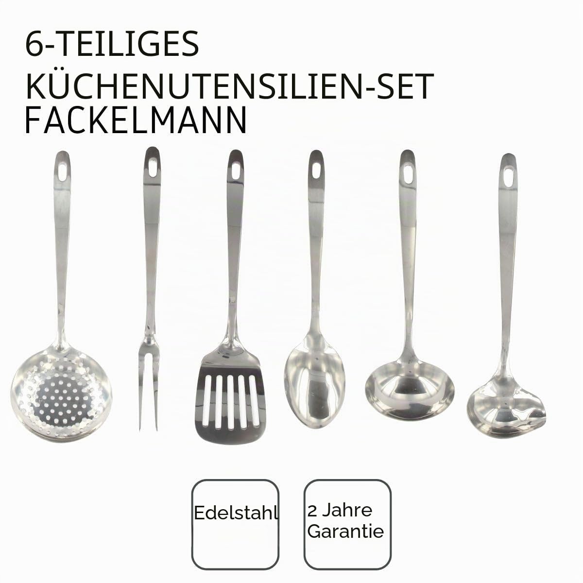 Fackelmann 9990650 Küchenhelfer-Set, 6-teilig, Skimmer, Gabel, Servierschaufel, Löffel, Schöpfkelle, Edelstahl, 28-32 cm