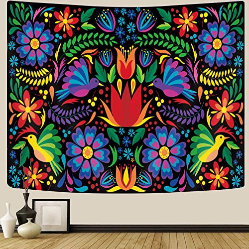 Goaok Mexican Tapestry, Cute Bright Colorful Ethnic Floral Birds Butterfly Pattern Boho Tapestry, Mexican Embroidery Style Trippy Hippie Aesthetic Tapestry For Bedroom Living Room Dorm 60"X40", Black #TOP1