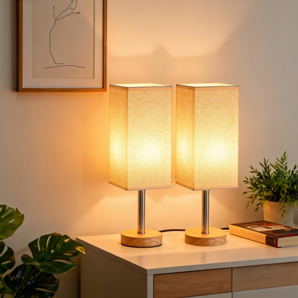 2 Pcs Bedside Lamps, 3000K Warm Light Small Table Lamps, Table Lamp for Living Room Bedroom, Wooden Base Linen Fabric Shade, for Bedroom Kids Room Living Room Nightstand Home Office, On-Off Switch