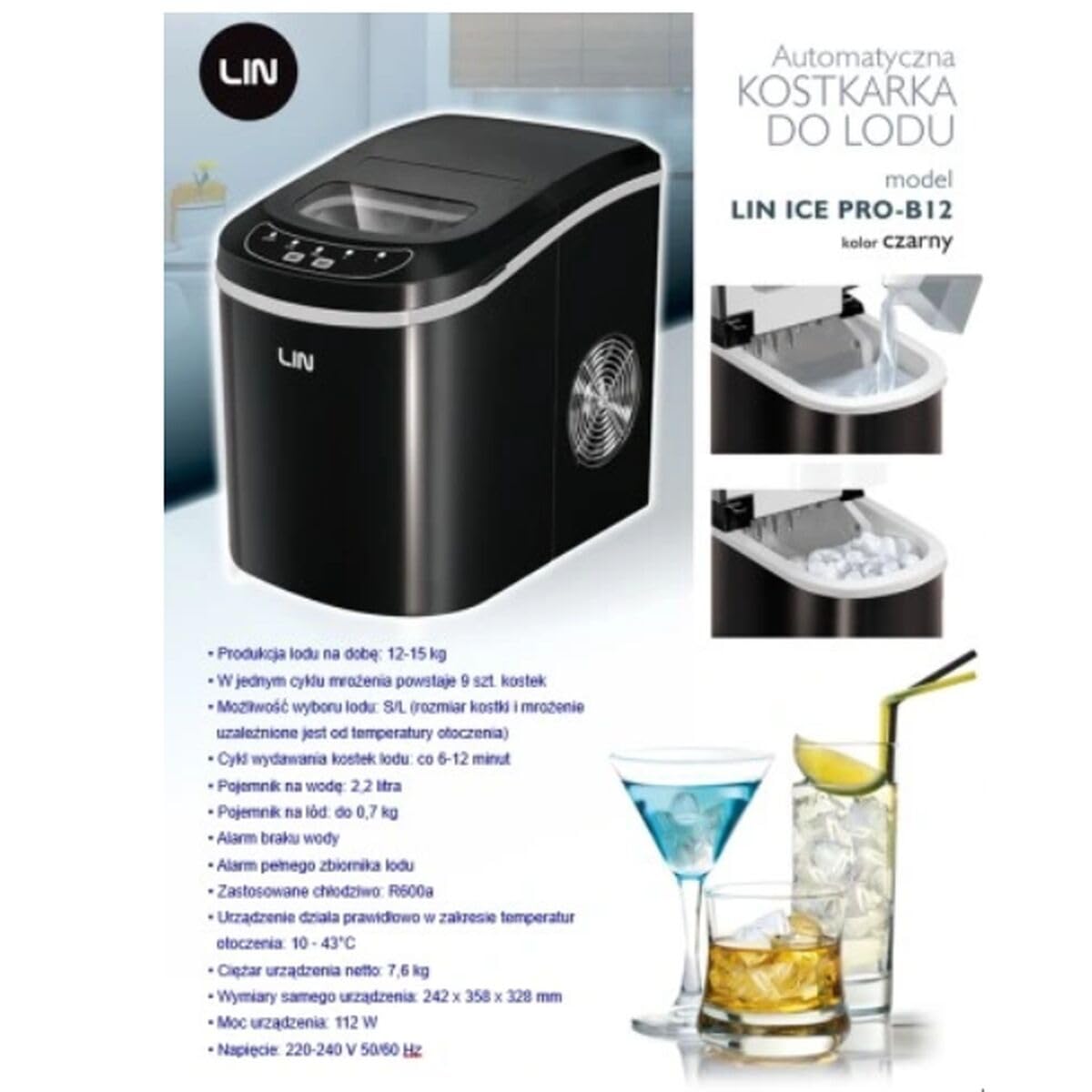 LIN Fabbricatore di ghiaccio portatile Ice PRO-B12 Nero