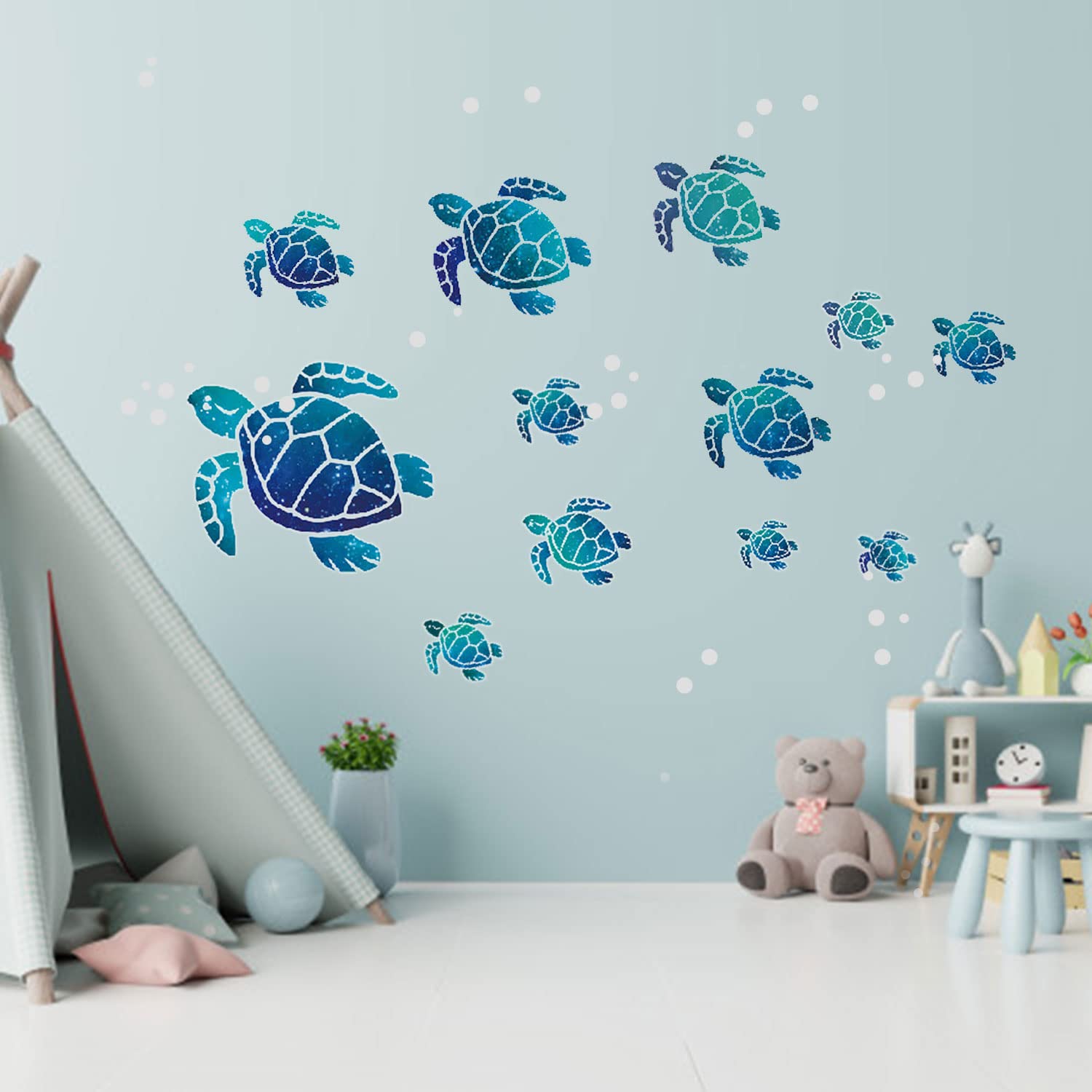 VIKSAUN 12 Pièces Tortue de Mer Bleue Stickers Muraux Décoration Autocollant Mural DIY Autocollant Muraux pour Des gamins Chambre pour Maison Bureau Salon Mur Salle de Bains (12 Pcs)