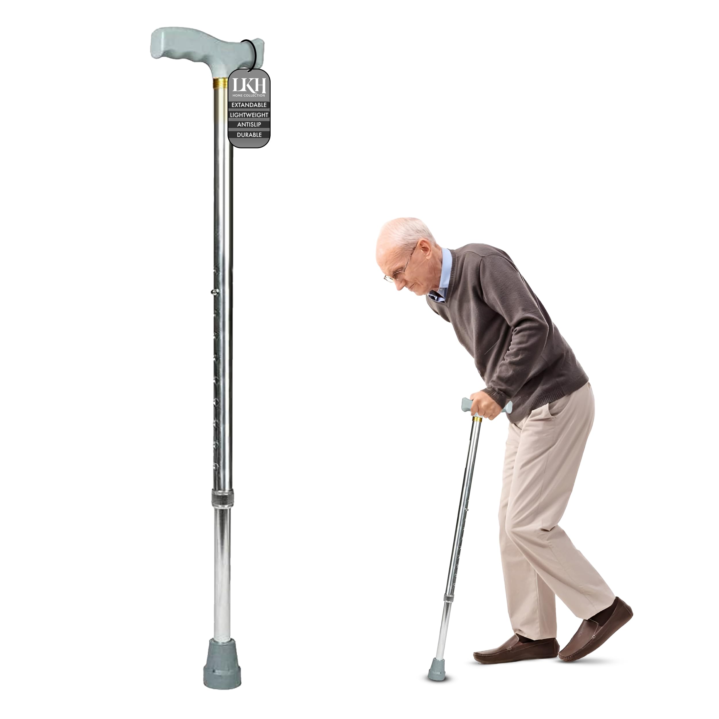 LKH Walking Stick Adjustable Walking Cane Lightweight Aluminium Support Aid with Ergonomic Handle, Anti-Skid Base, 28-38 Inch Height Adjustment for Seniors, Men & Women Daily Mobility Support