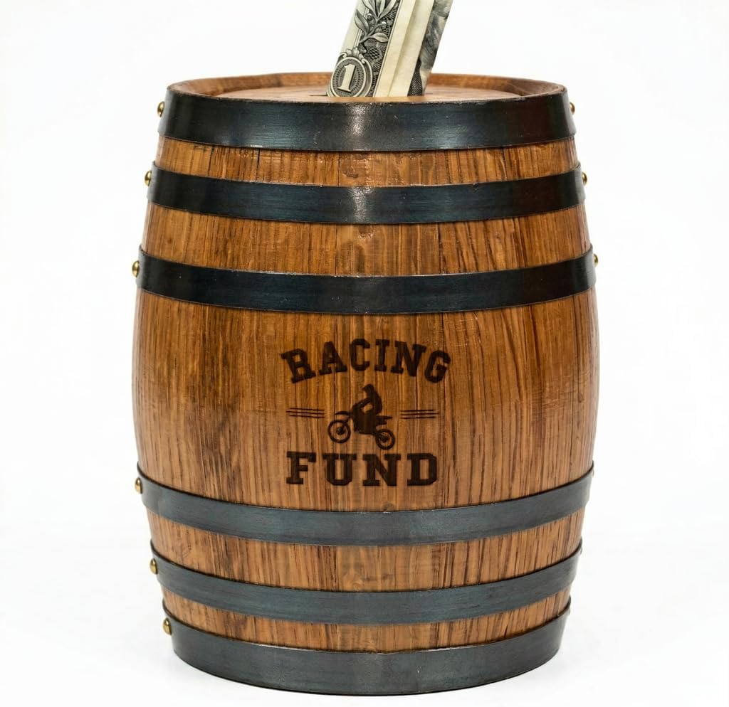 Thousand Oaks Barrel Co. Handmade Wooden Oak Barrel Adult Piggy Bank - Money Saver for Real Cash, Bills & Coins - Large 6.5 x 4.5 x 4.5 w/ 'Motorcycle Racing Fund' Engraving - Piggy Banks for Adults
