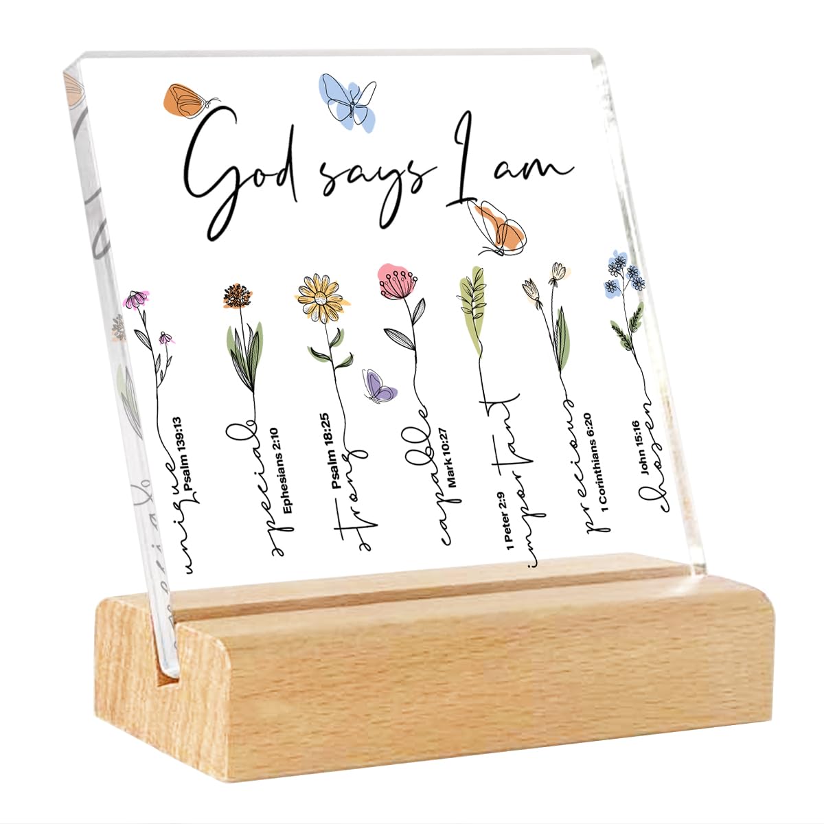 Kihraw God Says I am Office Desk Decor, Bible Verse Decoration, Inspirational Gifts for Women Men, Plaque Sign with Wooden Stand, Birthday Gifts, Christmas Gifts