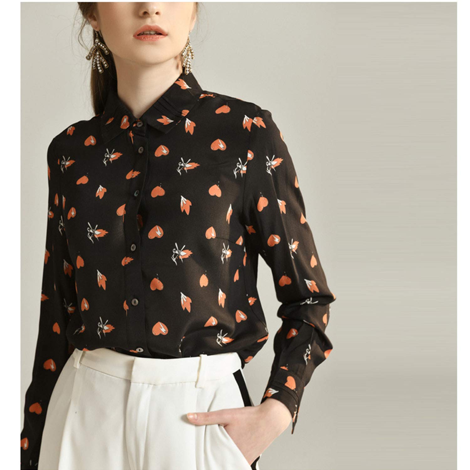 Camicia A Maniche Lunghe con Risvolto Stampato, Top Stampato A Forma di Cuore da Donna, Blusa in Seta Leggera