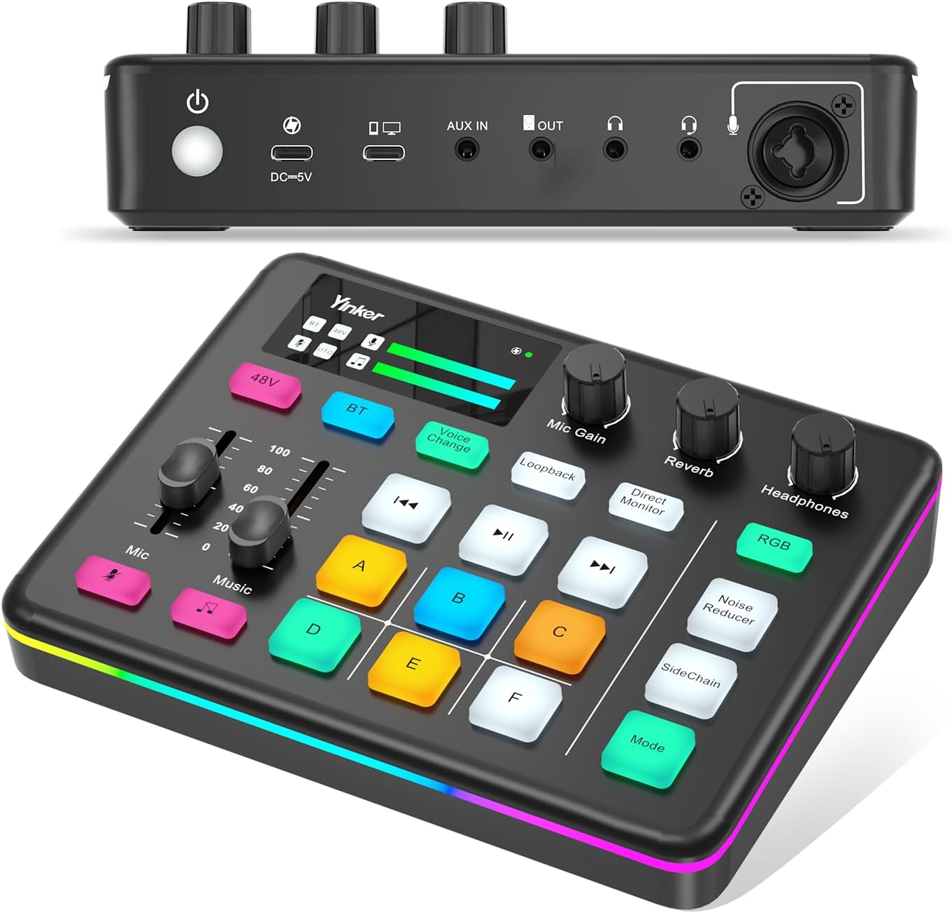 Gaming Audio Mixer, RGB Audio Interface with 48V Phantom Power, Bluetooth, Voice Changer, 6 Customized Sound Pads for Live Streaming, Podcasting, Recording