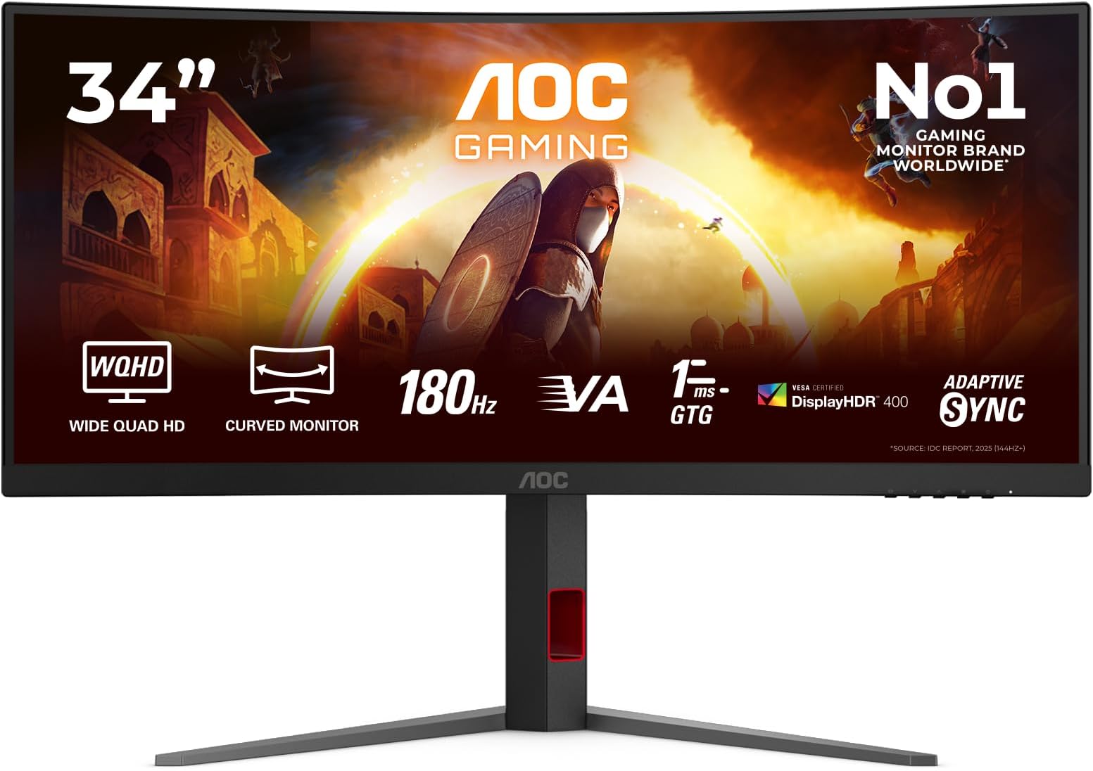 AOC CU34G4CA 34 inch UW-QHD Monitor Curved, 180Hz, Fast VA Panel, 1ms GtG, Adaptive Sync, HDR400, FreeSync, Height Adjustment, (3440x1440 HDMI 2x 2.0 DP 1x 1.4 USB Hub) Black: image 1 of 7