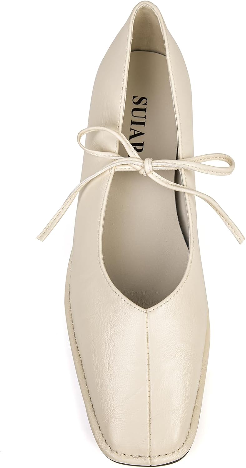 Lace up Ballet Flats Women Square Toe Mary Jane Flats Bow Slip On Comfortable Ballerina Shoes