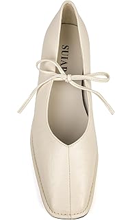 SUIARA Lace up Ballet Flats Women Square Toe Mary Jane Flats Bow Slip On Leather Comfortable Ballerina Shoes