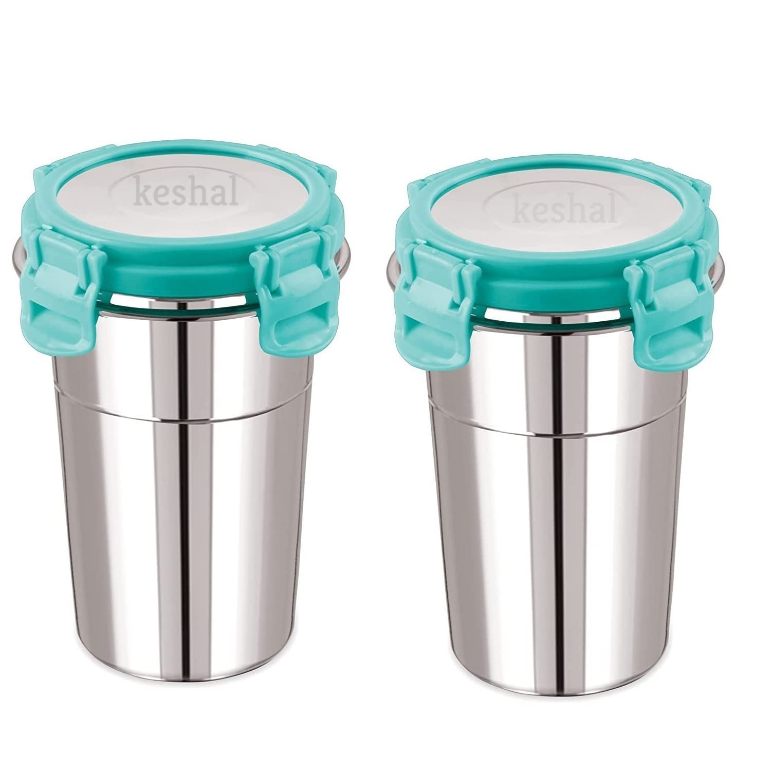 Tumbler Lock and Seal Steel Glass, lid Glass, Air Tight jar Container Leak Proof Glass with lid Store Milk, Juice, Buttermilk in Office and Home (Pack of 2 (Small)(Green)