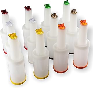 Soro Essentials- 1 qt. Bar Juice Pour Bottles Plastic Assorted Colors Set of 12- Store and Pour Containers Bar Plastic Juice Pourers Bartending Bar Mixer Bottles Barware for Bar Home Party Kitchen