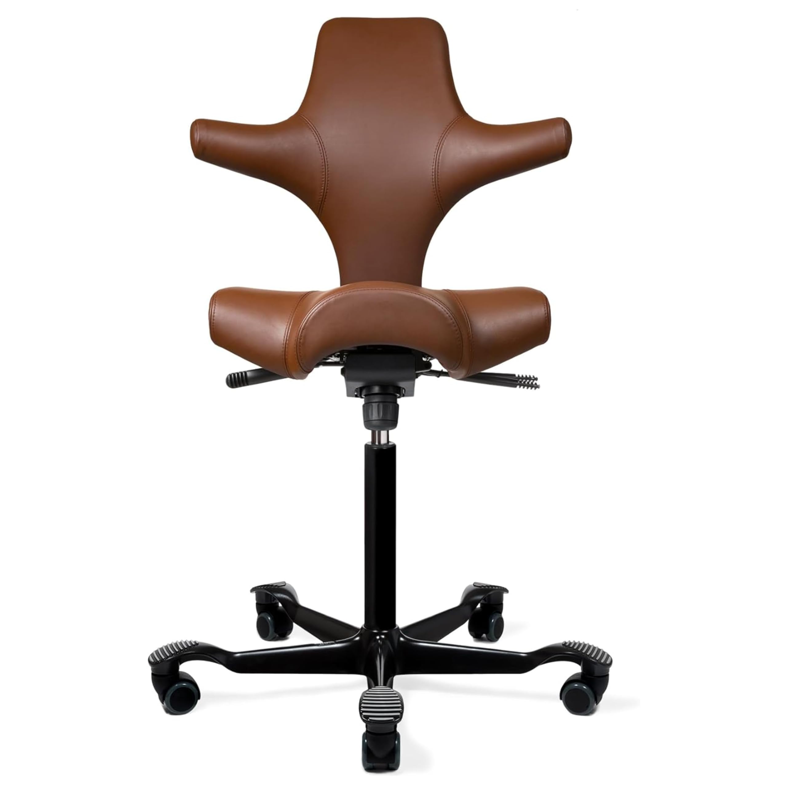 HAG Capisco Adjustable Sit to Stand Desk Chair - Black Frame - Leather Tan Brown Seat