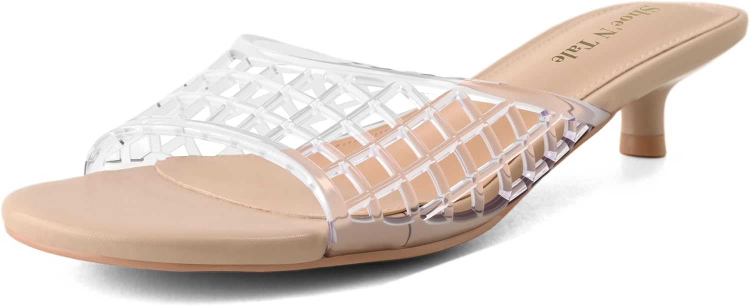 Shoe'N Tale Clear Heels for Women Kitten Low Heel Slides Sandals Round Open Toe Mesh Slip-On Mules
