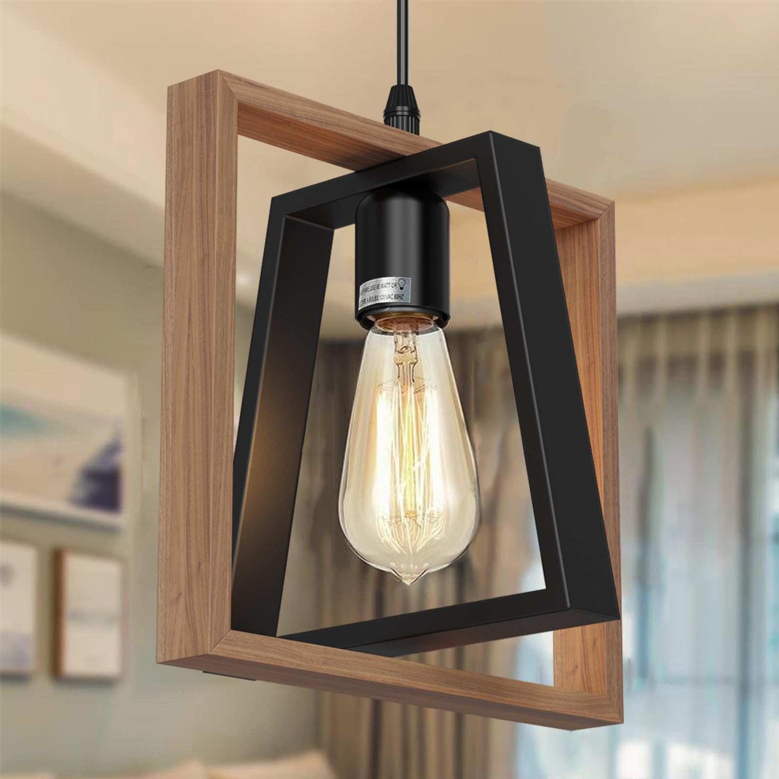 Lámpara Colgante, Lampara Colgante Isla Cocina Negra de Granja, Madera & Metal, Altura Ajustable, E27 Iluminación de Techo Colgant para Comedor Dormitorio Pasillo Entrada, 24cm