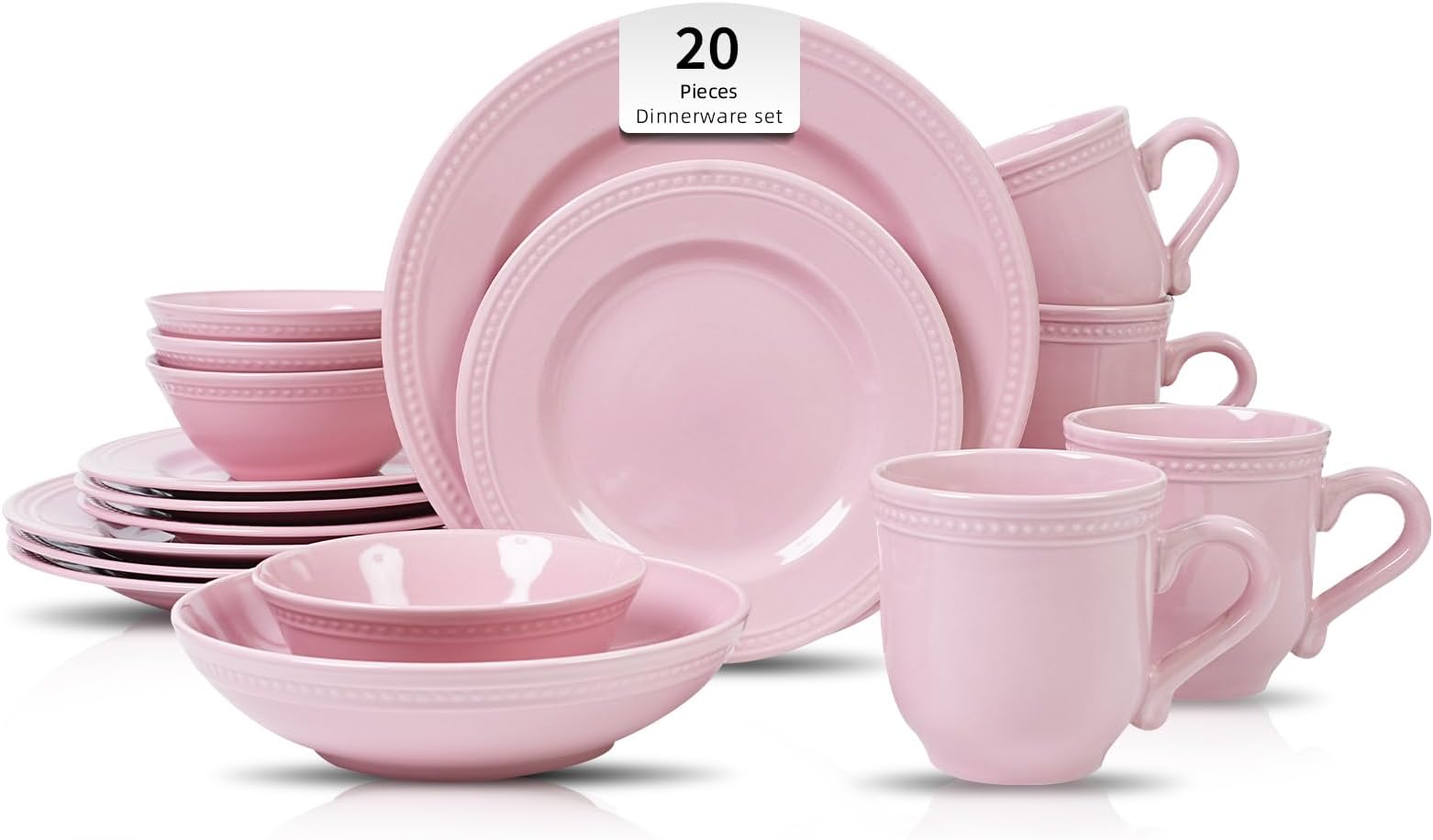 HomeVss, Pearl Dots Stoneware Dinnerware Set (20pc Set, Pink)