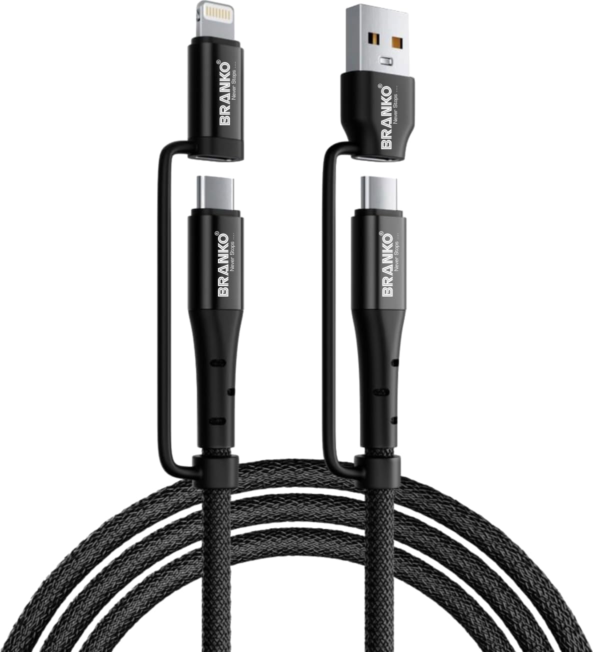 BRANKO 3.0 PD 60w Fast Charging 4 in 1 Universal Braided Data Cable Extra strong Tough Cable Fast connectivity 1.2 M wire (Black) (B0CBNGM43C) Amazon Price History, Amazon Price Tracker