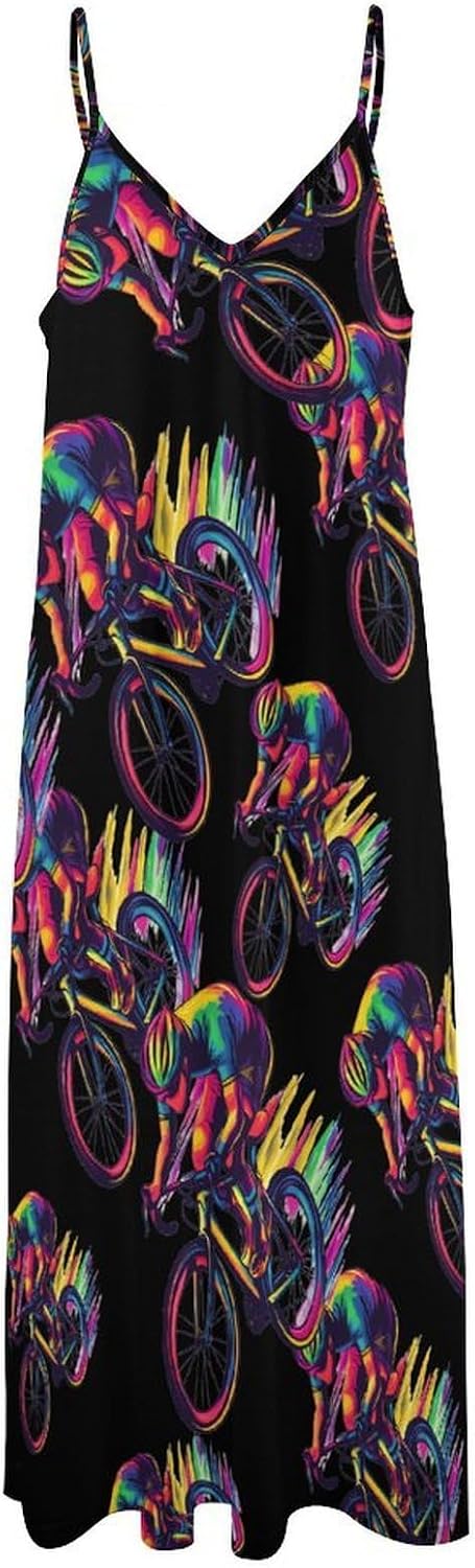 Rainbow Cyclist Bicyclees-Bikes Maxi Dresses for Women V Neck Long Dress Sundress Spaghetti Straps Beach Dress