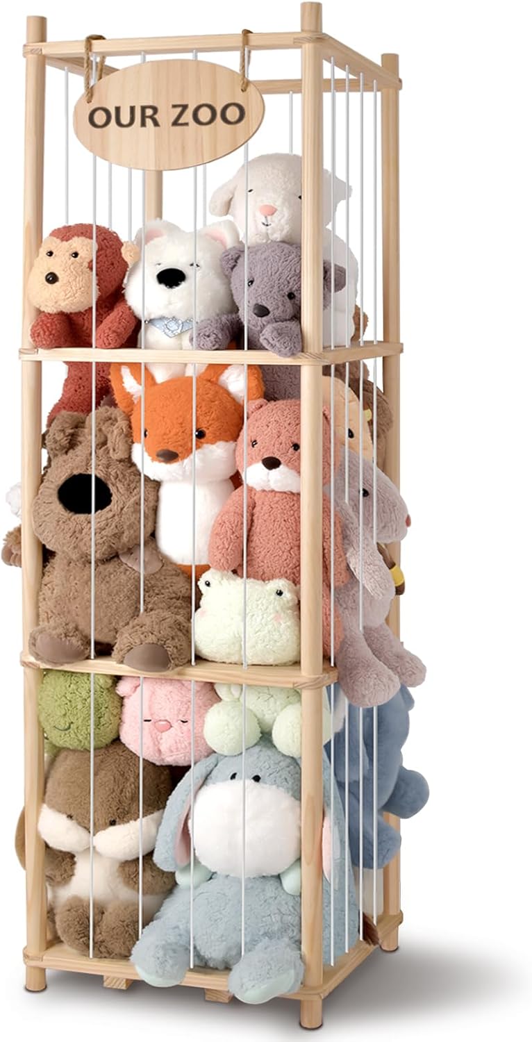 Stuffed Animal Storage Organizer - Thick Wooden Toy Zoo for Playroom & Bedroom, Large Plushies Holder with Cute Jail Cage Design, Plush Toy Display Tower Shelf