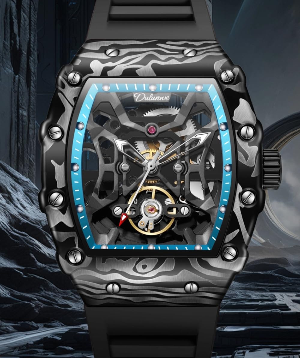 Innovative schwarze hohle Skelett-Herrenuhr, automatisch, mechanisch, Gehäuse aus Kohlefaser, Gehäuse aus Legierung, Tourbillon-Armbanduhr, leuchtendes Silikonband, wasserdicht