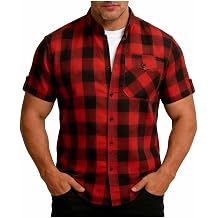 Men Plaid Shirt Short Sleeve Lapel Collar Button Down T-Shirts Lightweight Breathable Sun Casual Tops with Pockets