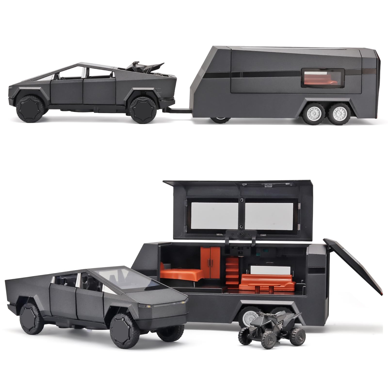 Toy Trucks for Boys Mars Pickup Trailer Toy RV,Diecast Metal Pickup Trailer RV Model Kit,Toy Truck and Trailer with Sound and Light Pull Back,Truck and Trailer Toys for Boys Ages 4-7(Grey)