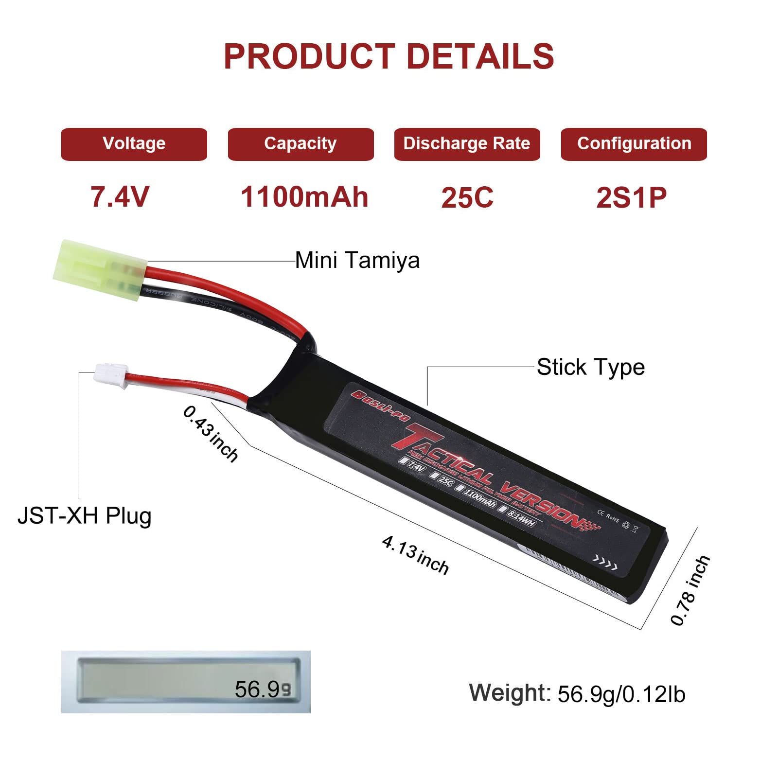 BosLi-Po Airsoft Battery 7.4V 1100mAh Rechargeable High Power 2S 25C LiPo Airsoft Batteries with Mini Tamiya Connector for Airsoft Guns