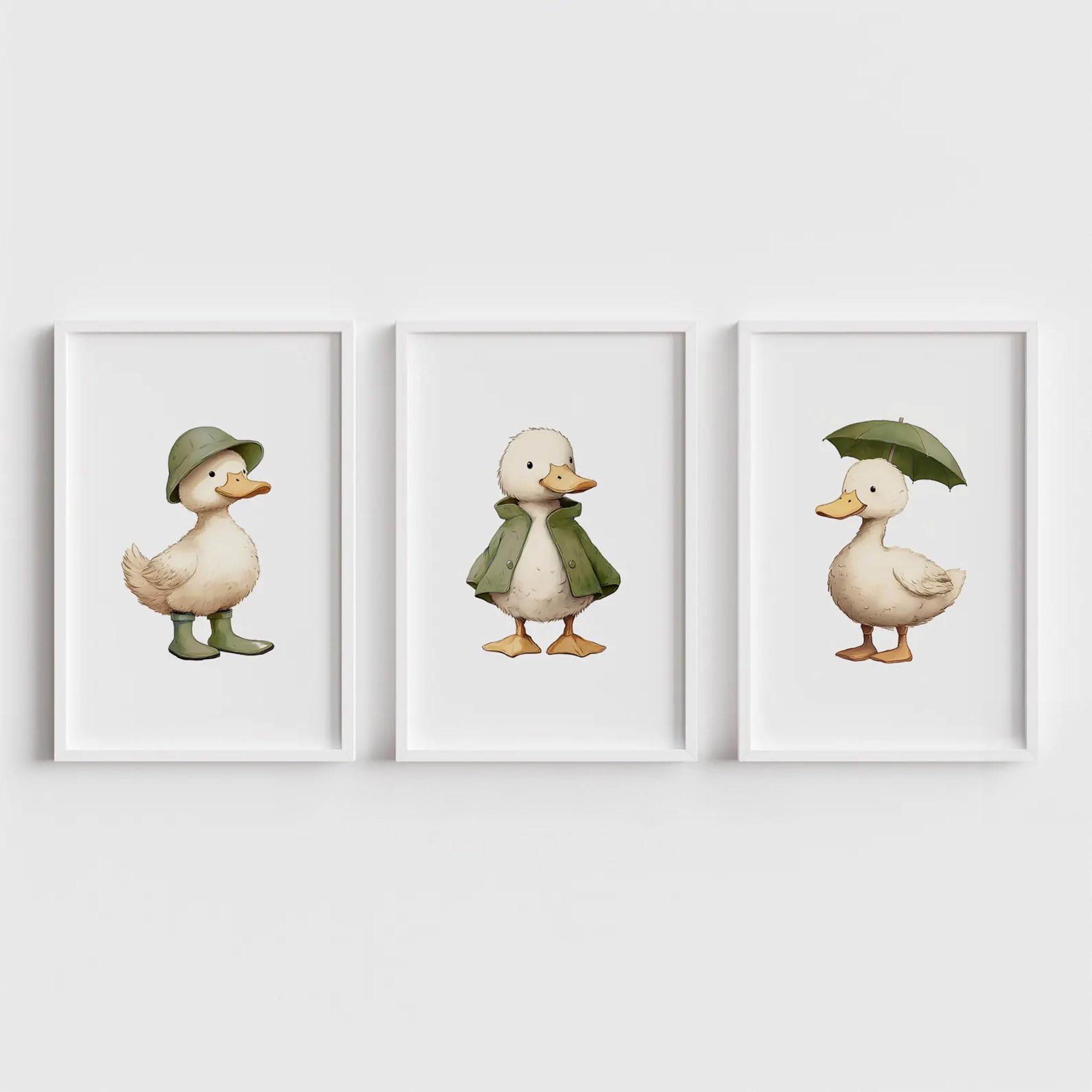 CozyPrints Set of 3 Duck Nursery Wall Art Prints, Kids Room Decor, UNFRAMED Prints, (Green, A2-42.0 x 59.4cm, Unframed)