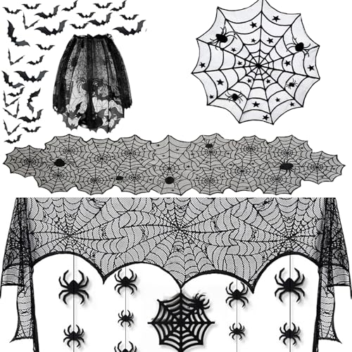 Nappe araignée d'Halloween en dentelle noire lavable et réutilisable avec chauve-souris