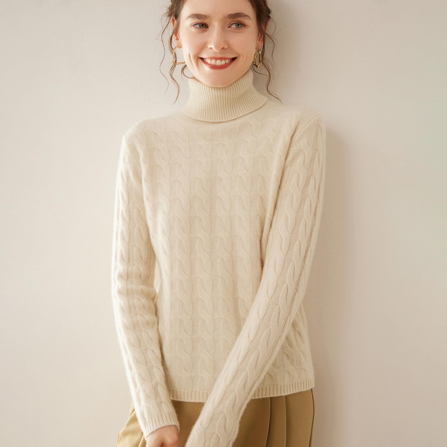 Cashmere and Merino Wool Blend High Neck Long Sleeve Thick Knit Winter Pullover Sweater for Women