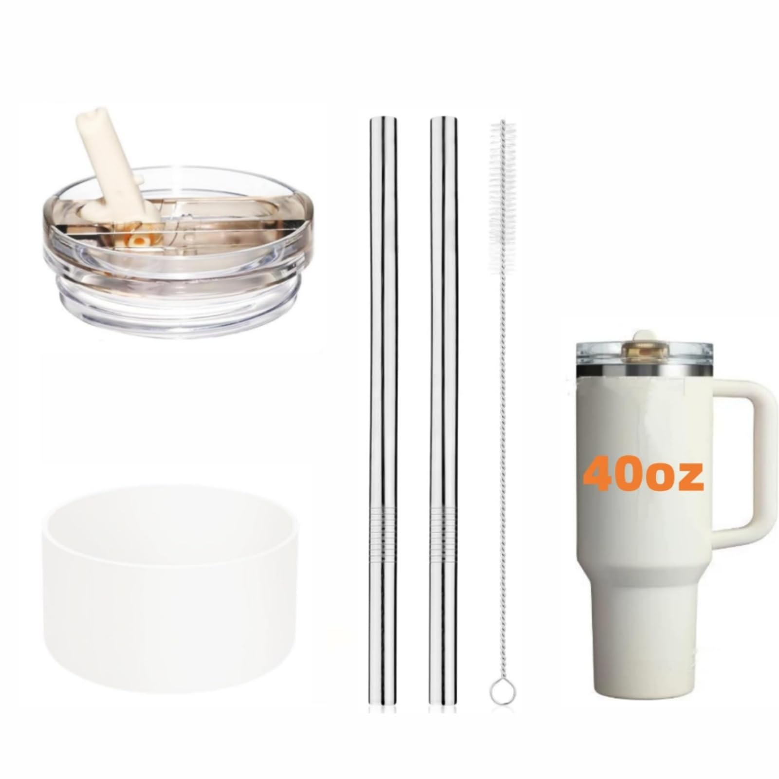 1PC Leak Proof Lid Replacement for Stanley Quencher and Protour 40OZ Tumbler, with Silicone Boot for Stanley 40oz Cups with 2Metal Straw and 1 Cleaner Brush (White, 40oz)-image-10