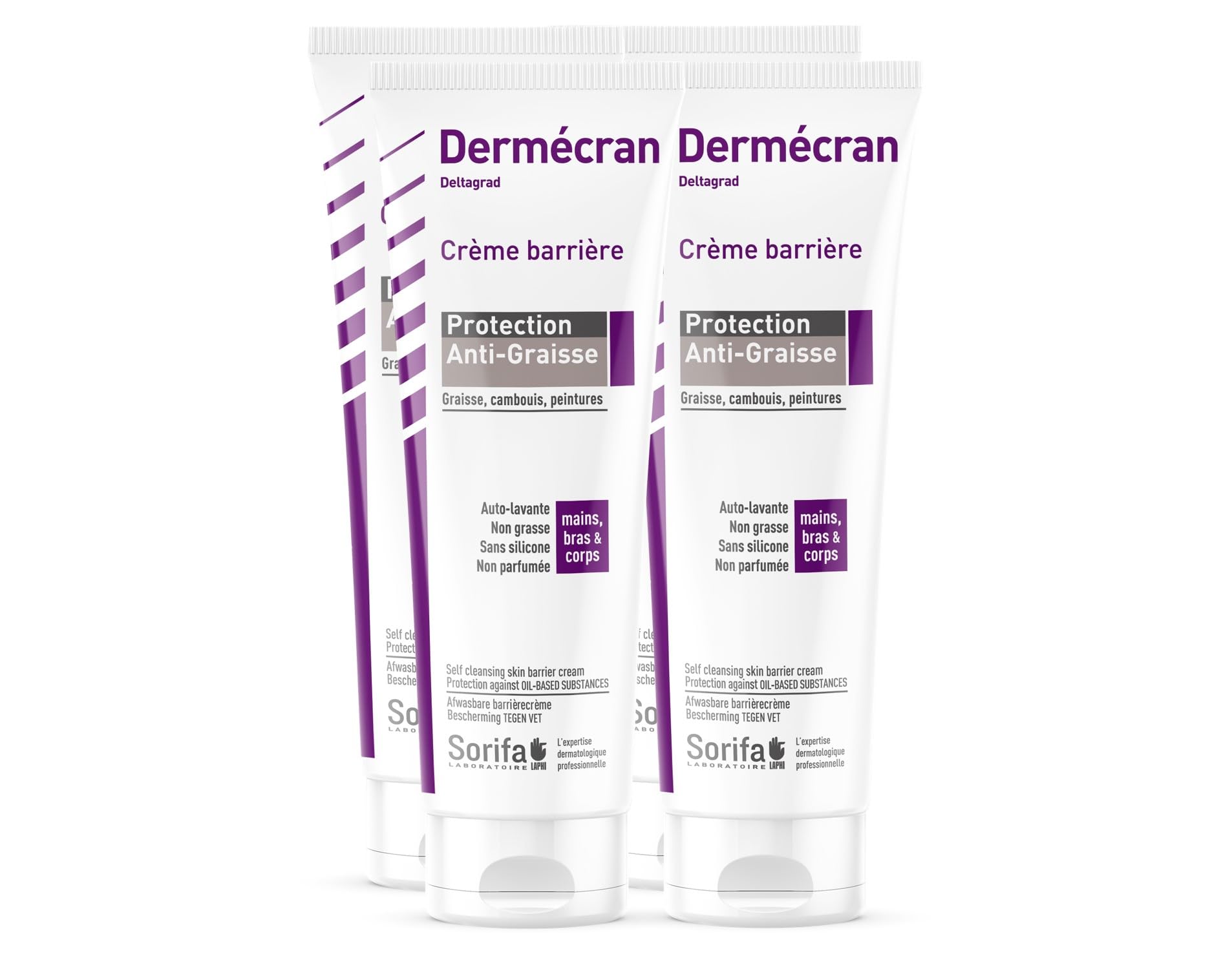 Set di 4 – Dermécran – Crema Barriera – Protezione anti grasso – Mani, braccia e corpo – Alta tolleranza – Senza profumo – Tubo da 125 ml.