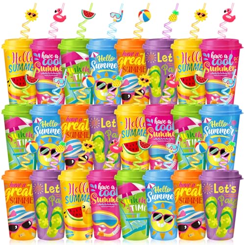 Potchen 24 Set Summer Party Decoration Cups with Silly Straws and Lids 16oz Pool Beach Reusable Drinking Cups Colorful Plastic Tumblers for Hawaiian Tropical Luau Birthday Party Gifts (Classic Style)