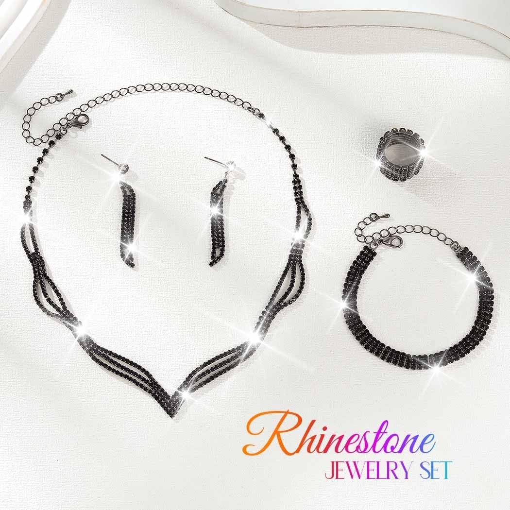 Unicra Rhinestone Bridal Wedding Jewelry Sets Black Necklace Earrings Bracelet Ring Set Prom Formal Costume Jewelry Set for Women and Brides - Image 2