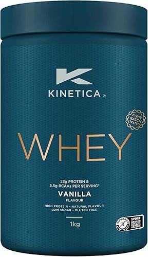 Kinetica Proteína en polvo vainilla 2.2 lbs, 23G de proteína por porción, 33 porciones, proteína de suero de vacas alimentadas con pasto de la UE,