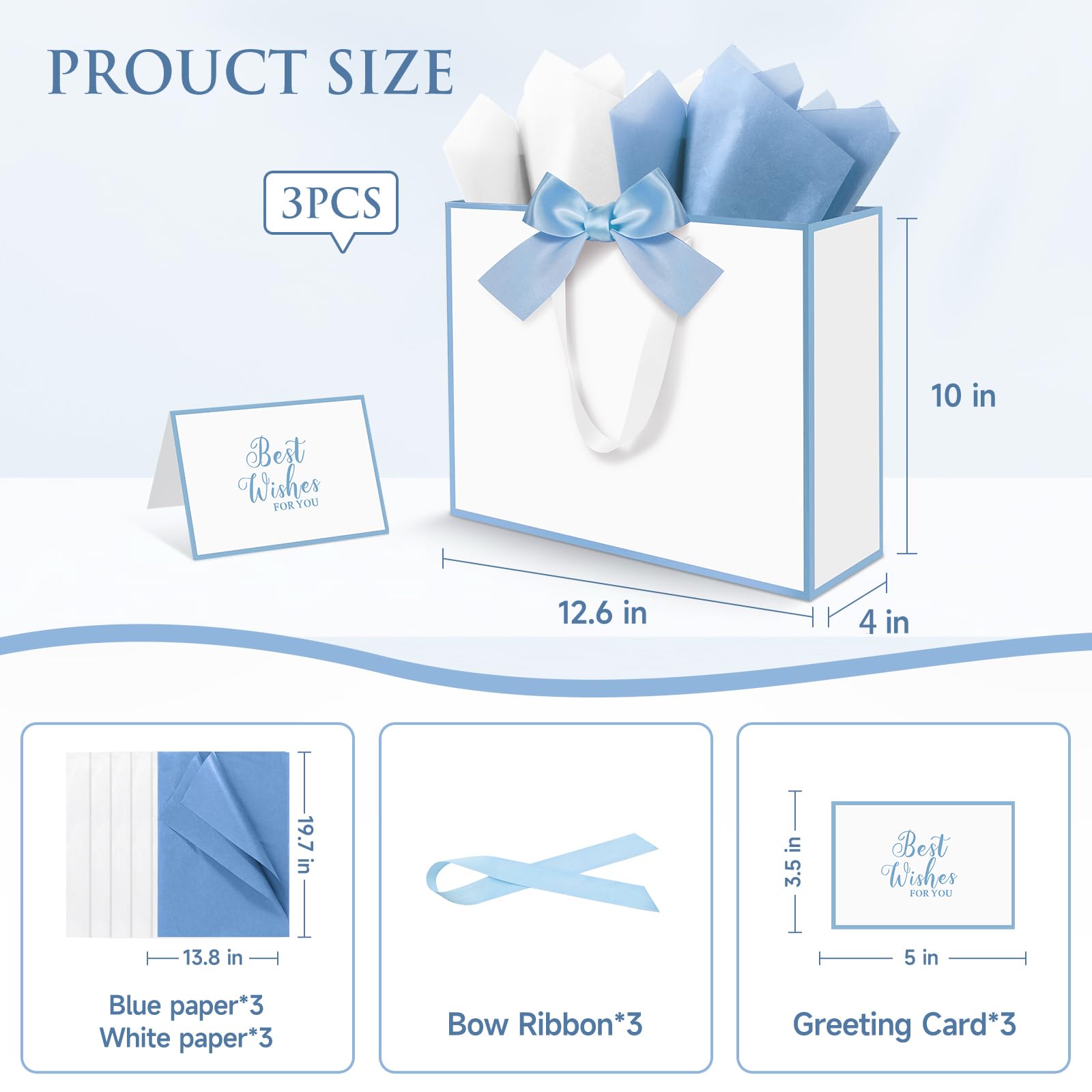 Ethhqu 3 Pack Elegant Large Gift Bags with Handles, 12.6x10x4 Inch - Set Includes Tissue Paper & Cards for Birthday, Baby Shower, Wedding, Anniversary, Mothers Day & Holiday Gifts (3Pcs White with Blue Rim)