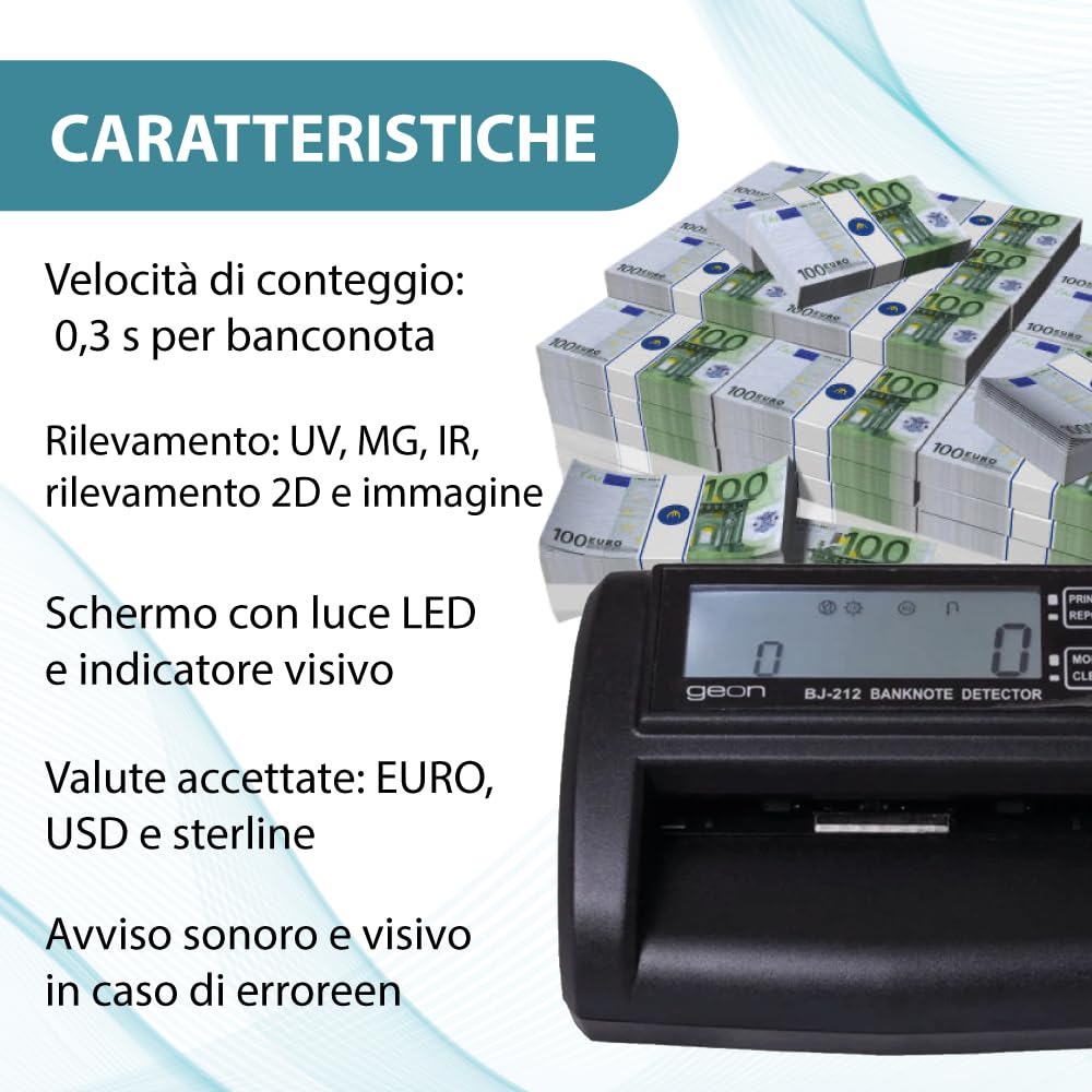 Rilevatore Banconote False UV/MG/IR - Approvato BCE - Funzione Conta Banconote - 0,5 Secondi per Banconota - Multivaluta EUR/GBP/USD - Display LED - Connessione PC/Stampante