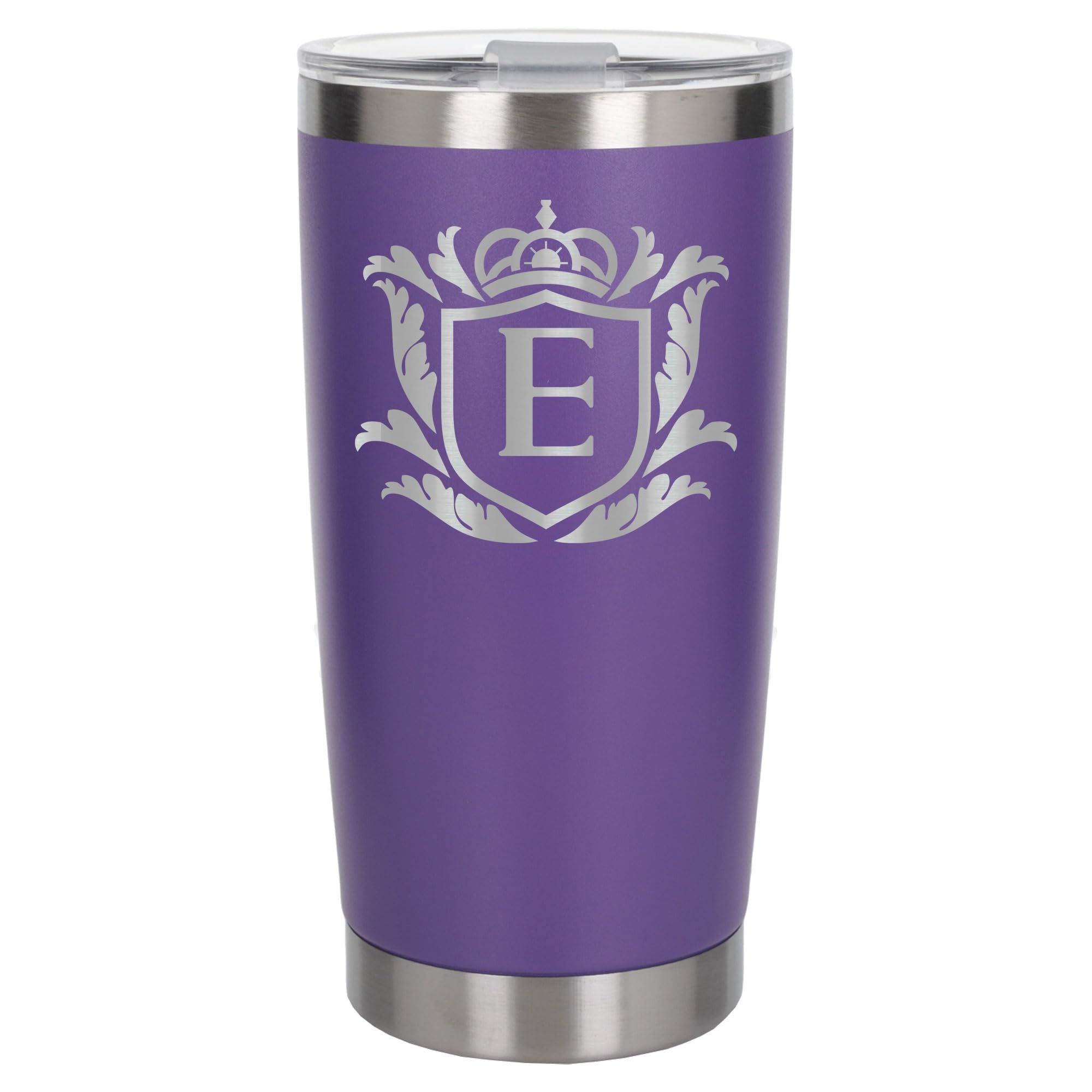 Customised Gifts 500ml Engraved Shield Initial Monogram Insulated Personalised Purple Travel Mug for Men and Women - Personalised Initial Coffee Travel Mug for Hot and Cold Beverages, Letter E