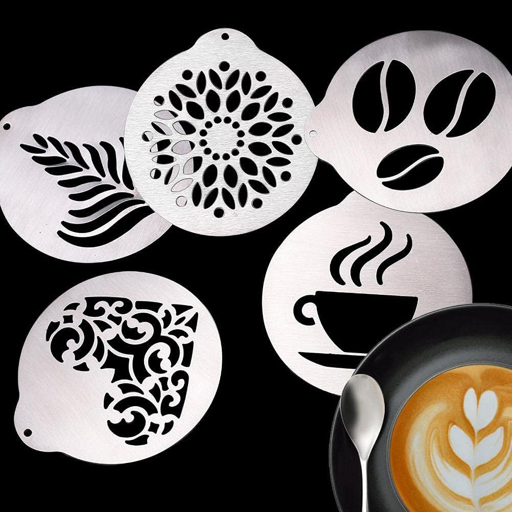 Ejoyous Coffee Stencil, 5PCS Stainless Steel Foam Latte Art Stencils Reusable Barista Decorating Templates for Coffee Cupcake Cake Cappuccino Decorations (Silver)