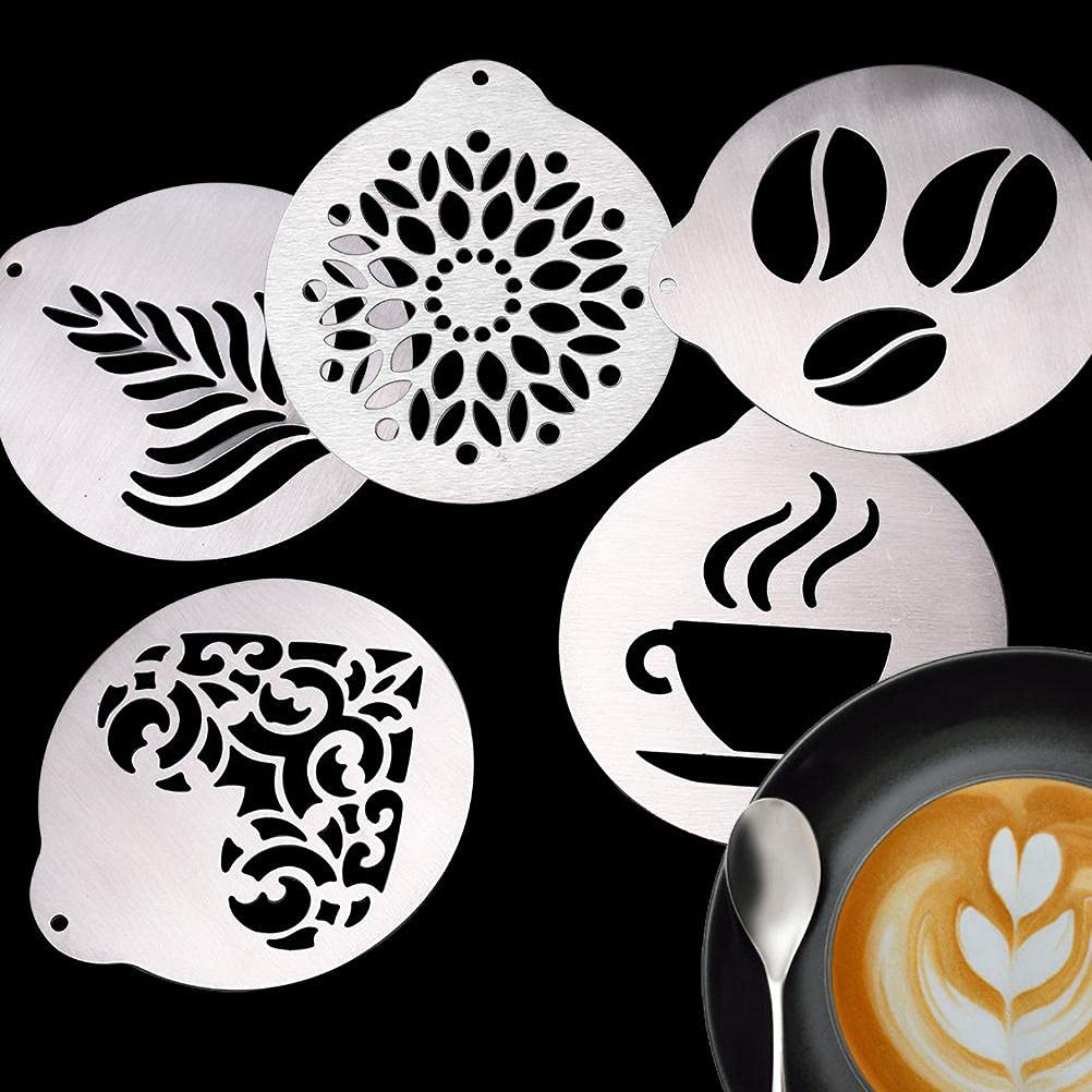 Pochoirs à Café Réutilisables En Acier Inoxydable - 5 Motifs Artistiques Pour Latte Et Cappuccino