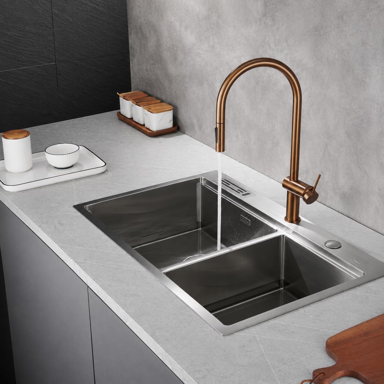 Grifo Cocina Extraíble con Doble Función | Grifo Fregadero Cocina Monomando Flexible y Giro 360° | Diseño Moderno IMEX Berna (Oro rosa cepillado)