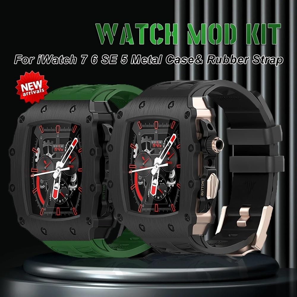 Metal Watch Case With Tempered Film Rubber Watch Strap Modification Kit，For Apple Watch 9 8 7 6 5 4 SE 44mm 45mm Series Watch Refit Replace Accessories