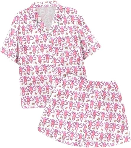 Summer Pajamas For Girls, Roller Dupes Rabbit Preppy, 2 Piece Button Down Monkey Bunny Shorts Set (Pink,10-11 Years)