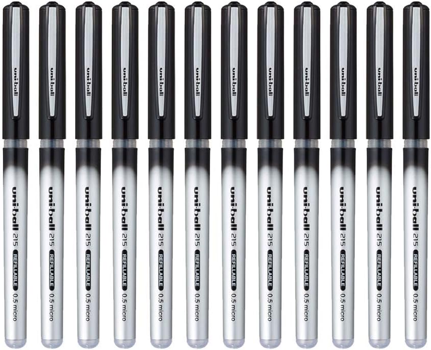 uni-Ball QWiK Refill UB-215 Liquid Ink 0.5 mm Micro Roller Pen, Black Ink, Pack of 12