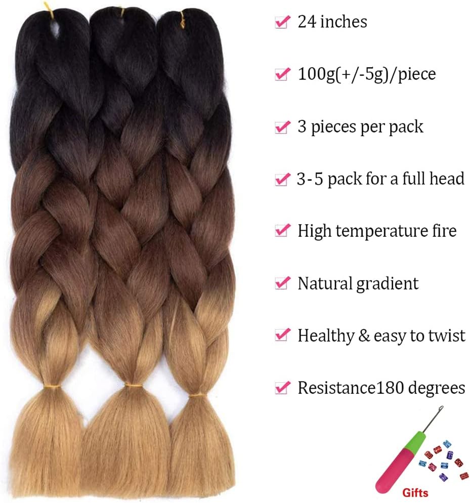 FANWYFYU 3packs Ombre Braiding Hair Extensions Kanekalon Jumbo Braiding Hair Extensions 24 Inch Braiding Hair Synthetic Hair For Crochet Twist (Black-Dark Brown-Light Brown) - Image 4