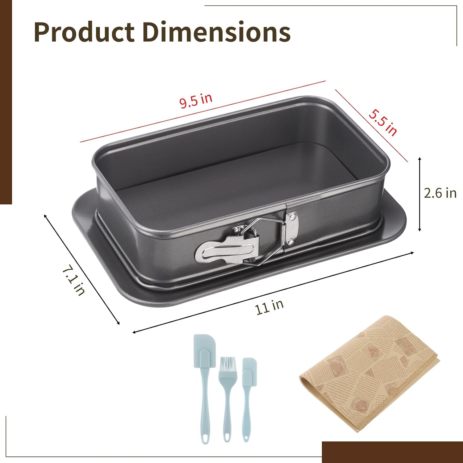 Rectangular Springform Cake Pan, Carbon Steel Non-Stick Baking Pan with Removable Base, Includes 50 Baking Paper and 3 Cake Tools for Cheesecake, Lasagna, Mousse