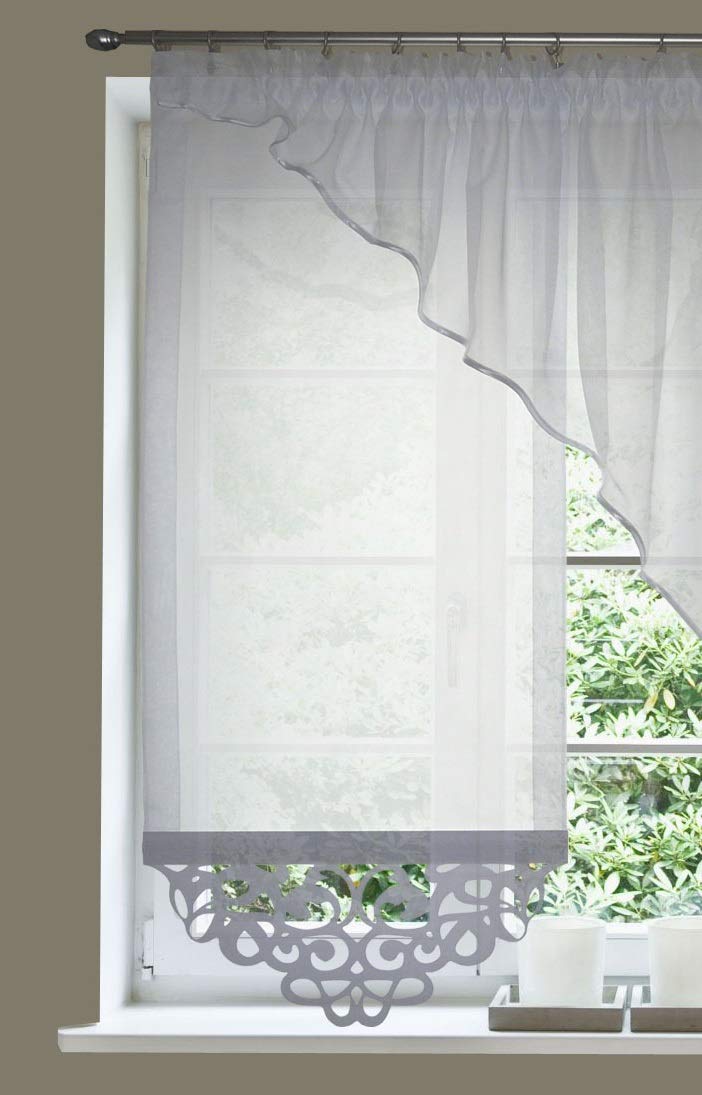 FKL DESIGN Home Deco Magnifique Rideau de fenêtre prêt à l'emploi, Panneau Blanc, Ruban à Volants crème, Ruban fumé, Magasin 150-170 cm Droite Gauche AG34 (B, incliné à Droite)