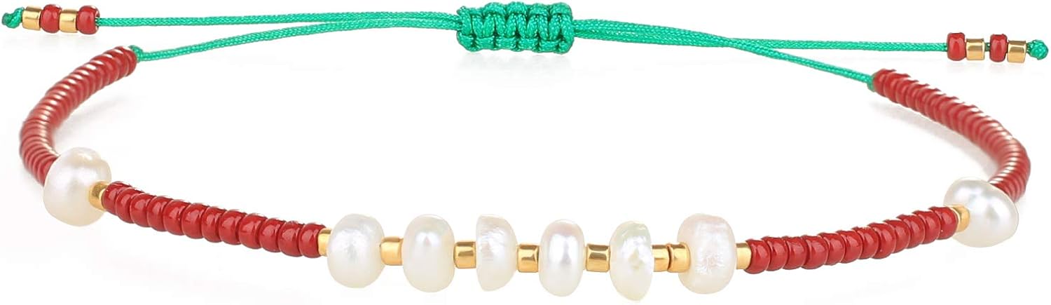 KELITCH Miyuki Beaded Bracelets Natural Stone Pearl Strands Bracelets Adjustable Rope Jewelry (Red 22F), 10 inches