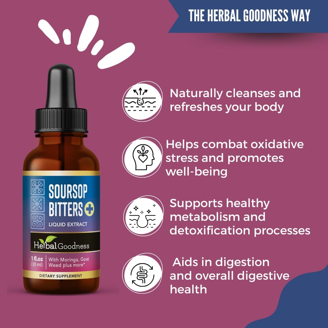 Herbal Goodness Soursop Bitters Liquid Drops 1 Fl Oz – Herbal Cleanse & Natural Detox Tonic with Moringa, Papaya, Burdock, Hibiscus, Guanabana & Ginger Extracts | Digestive Support | Vegan, Non-GMO