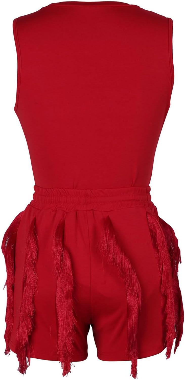 Two Piece Outfits for Women Sexy Sleeveless Sweatshirt Bodycon Fringe Tassel Shorts Pant Jumpsuit Set Clubwear - Image 4