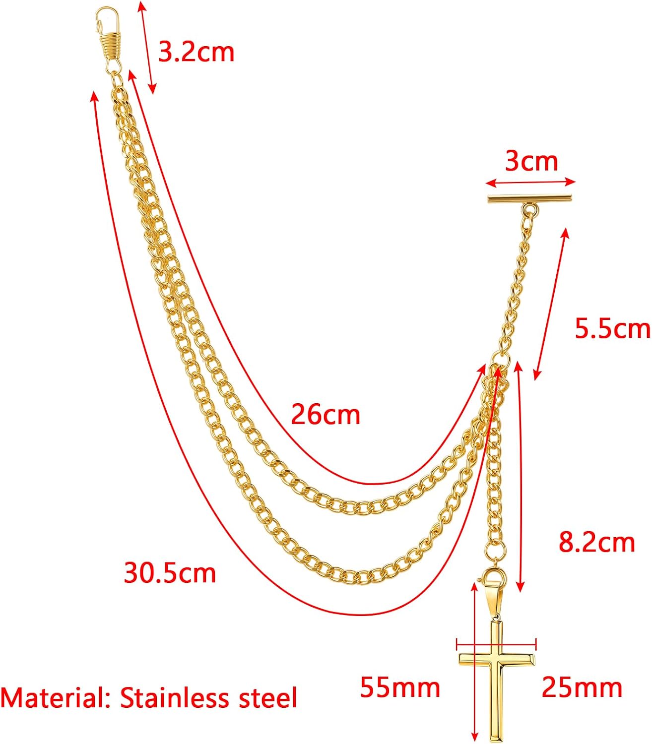 Tiong Gold/Silver Handmade Men's Pocket Watch Chain Double Albert Chain T Bar Pocket Watch Chain with Cross Pendant Design
